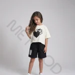 ست کراپ شلوارک دخترانه مدل قلب پروانه ای کرم مشکی سایز 5,50,55,60