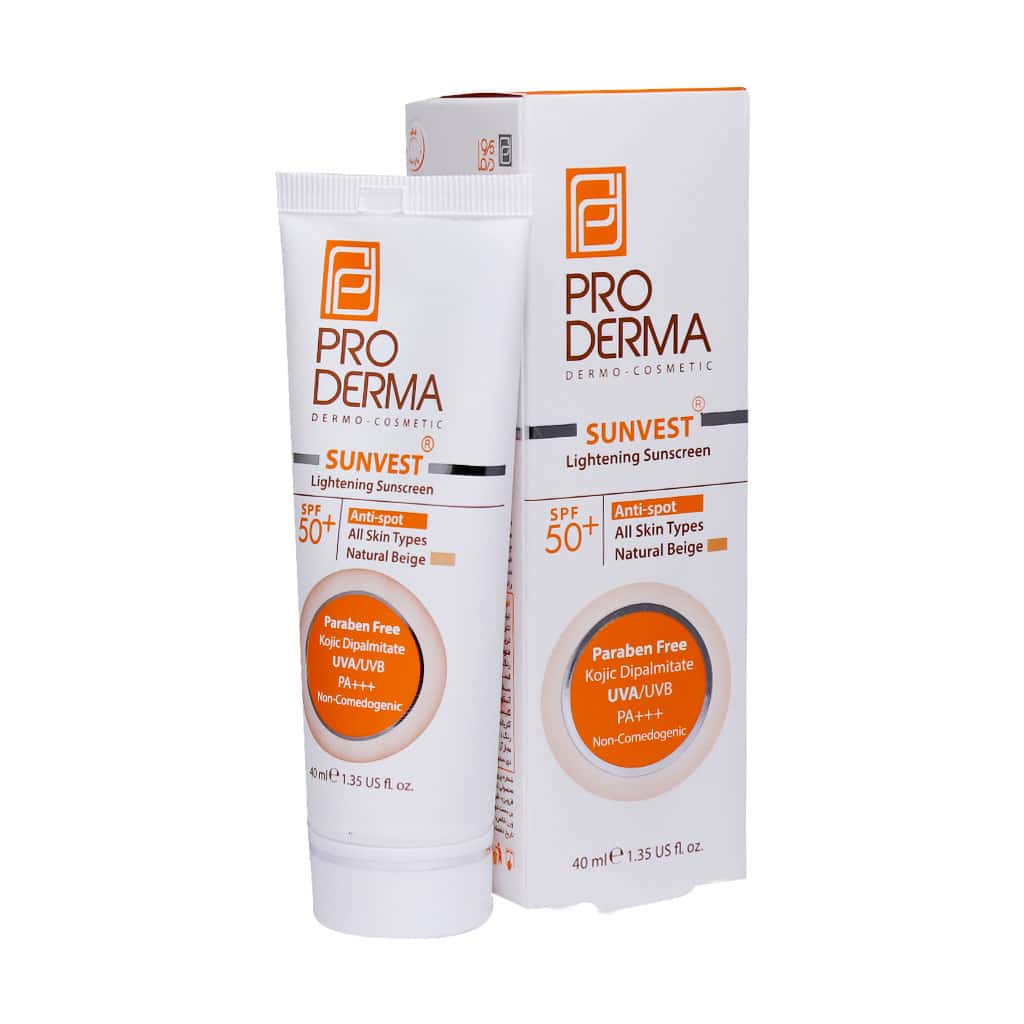Pro-Derma-Sunvest-Lightening-Sunscreen-SPF50-40ml-1.jpg کرم ضد آفتاب و روشن کننده لک پوست پرودرما spf50 رنگ بژ طبیعی (40 میل) - تصویر 1