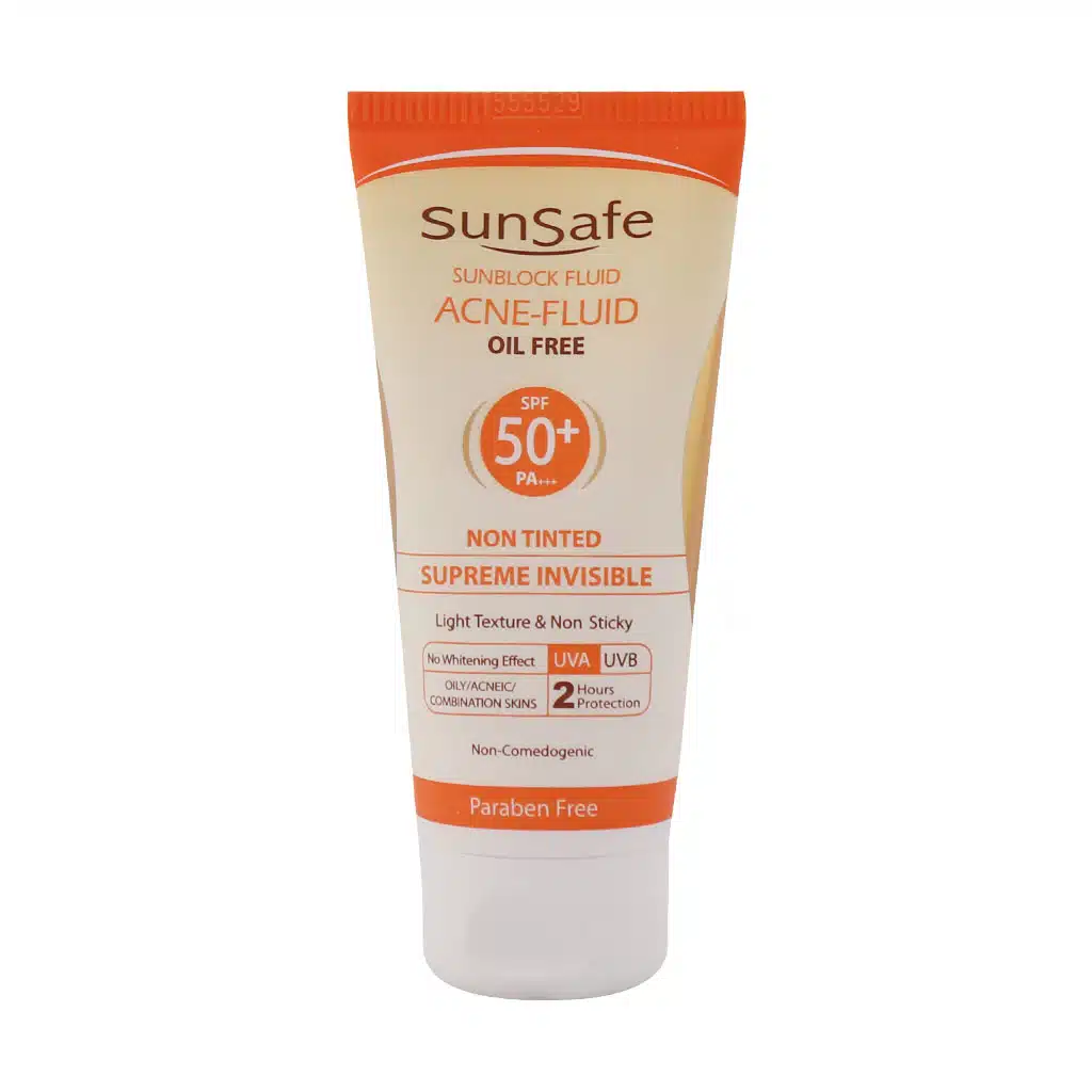 Sun-Safe-Acne-SPF50-Sunblock-Fluid-50.jpg.webp ضدآفتاب فلوئید +SPF 50 سان سیف بی رنگ (50 میل) - تصویر 1
