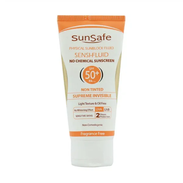 فلوئید ضد آفتاب فیزیکال SPF50 سان سیف بی رنگ مناسب پوست‌ حساس(50 گرم)