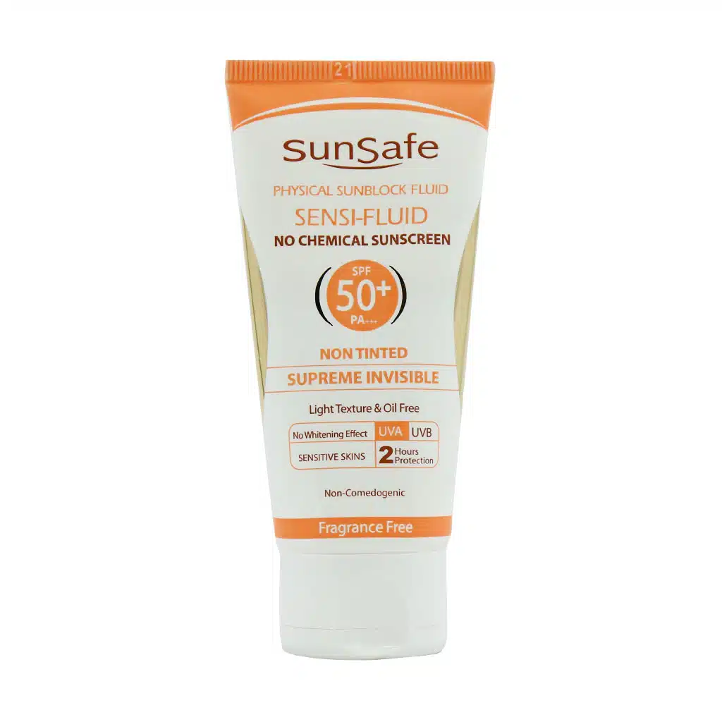 Sunsafe-Sensi-SPF50-Fluid-No-Chemical-Sunscreen-50-ml-1.jpg.webp فلوئید ضد آفتاب فیزیکال SPF50 سان سیف بی رنگ مناسب پوست حساس(50 گرم) - تصویر 1