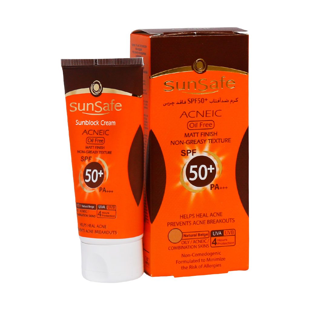 Sunsafe-Sunsblock-Cream-SPF50-Acneic-Oil-Free-nathral.jpg کرم ضد آفتاب SPF50 فاقد چربی سان سیف مناسب پوست های چرب و آکنه ای - تصویر 1