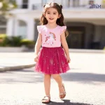 تاپ دامن دخترانه Little Maven طرح یونیکورن با دامن توری سرخابی (مناسب 2 تا 8 سال) - تصویر 3