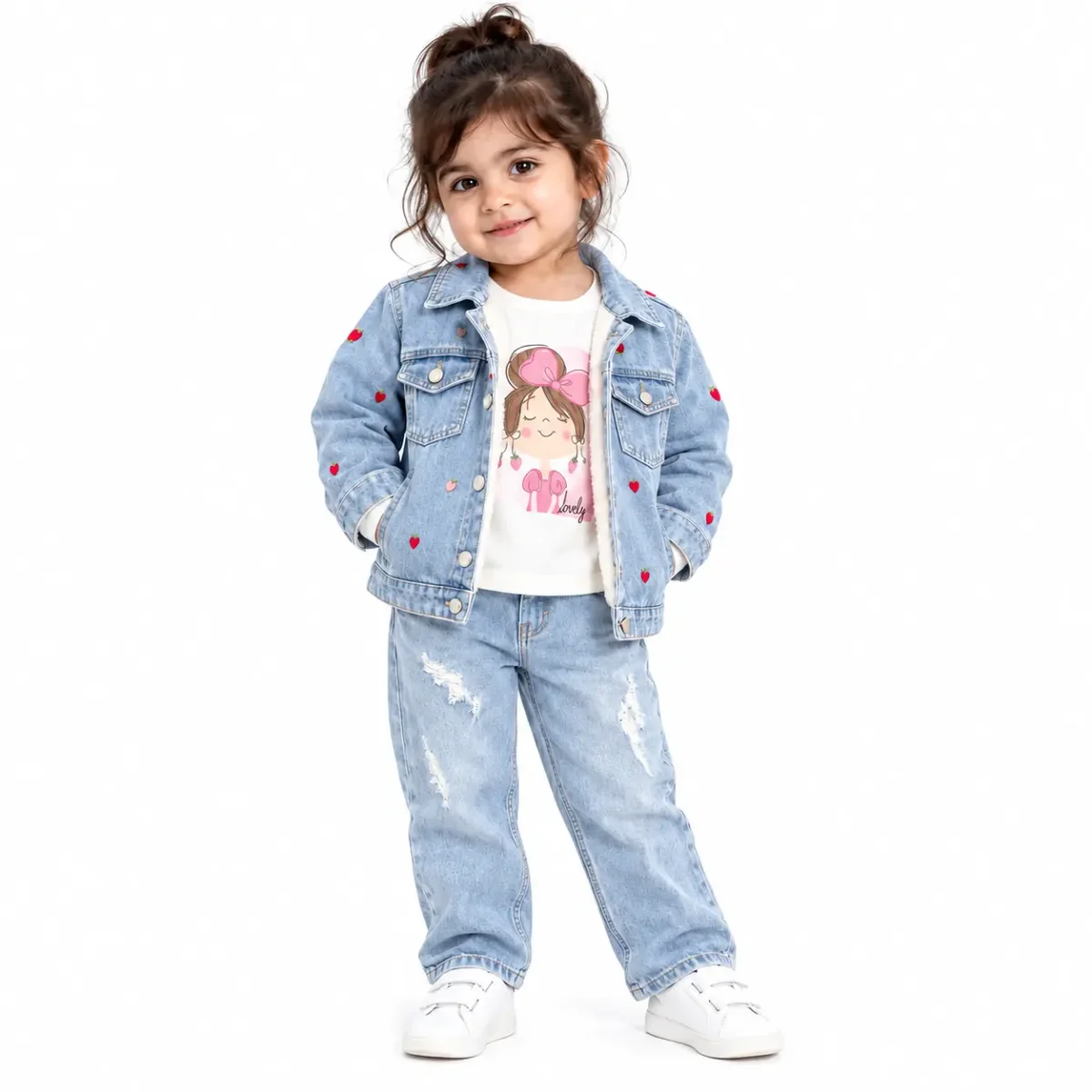 Adorable-Heart-Detailed-Denim-Outfit.webp ست سه تکه دخترانه جین توتفرنگی - تصویر 1